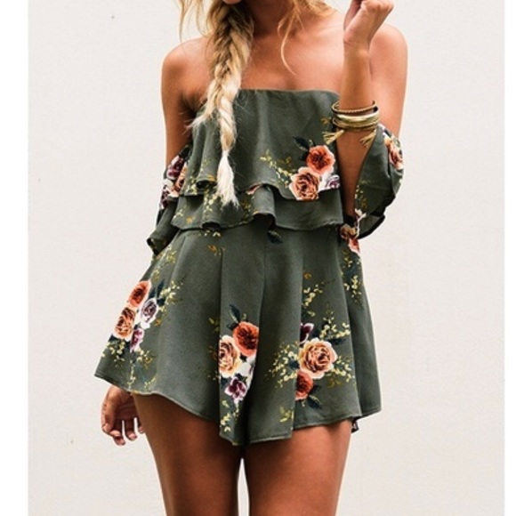 Pants - Green Floral Romantic Romper Off Shoulder Ruffle